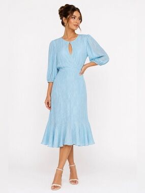 Maison Tara Chiffon Pastel Baby Blue Key Hole Puff Sleeve Midi Dress Size 16